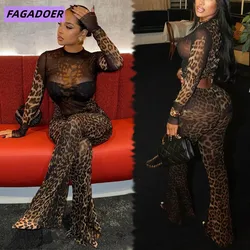 FAGADOER Sexy Leopard Two Piece Set for Women Long Sleeve Sheer Crop Tops and High Waist Flare Pants Outfits Hot Girl Streetwear