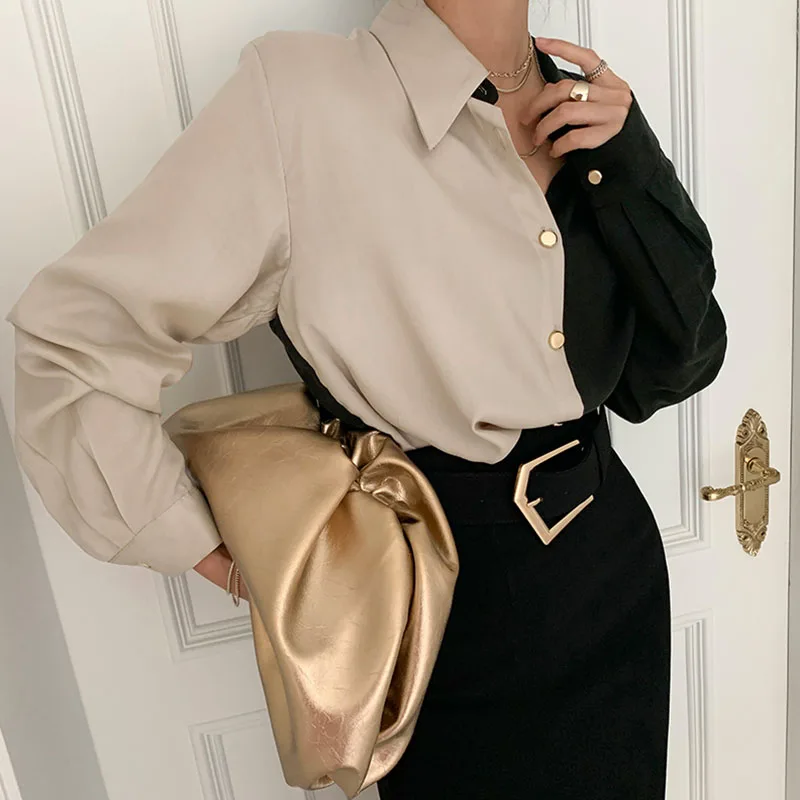 

Chic Retro Lapel Long Sve Metal Single Button Color Blo Design Loose Women's irt Faionable Commute Korean Sle