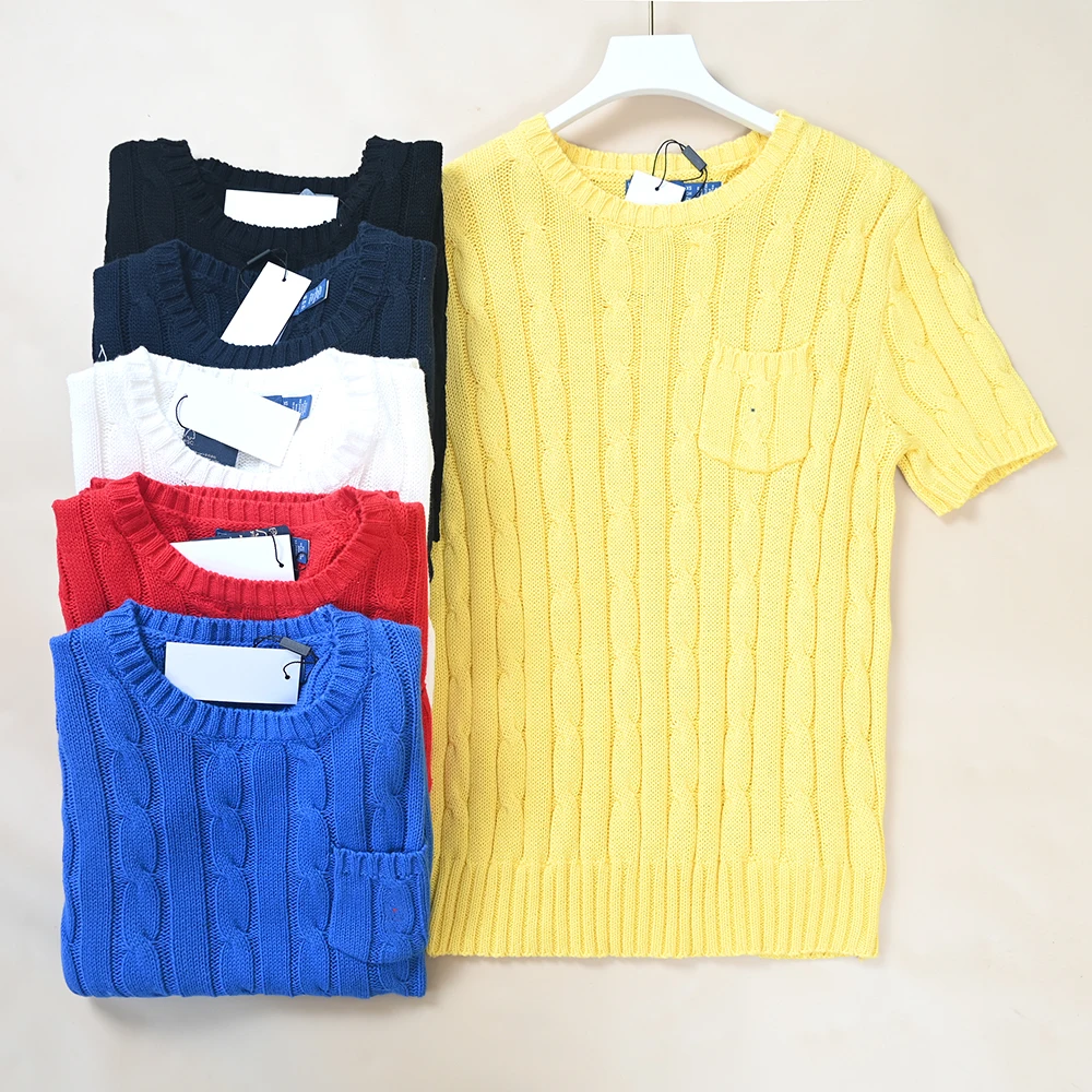 Ladies round Neck Short Sleeve Knitted Sweater Embroidered Pocket Cotton Yarn Twist Flower Casual Style Summer Fashion
