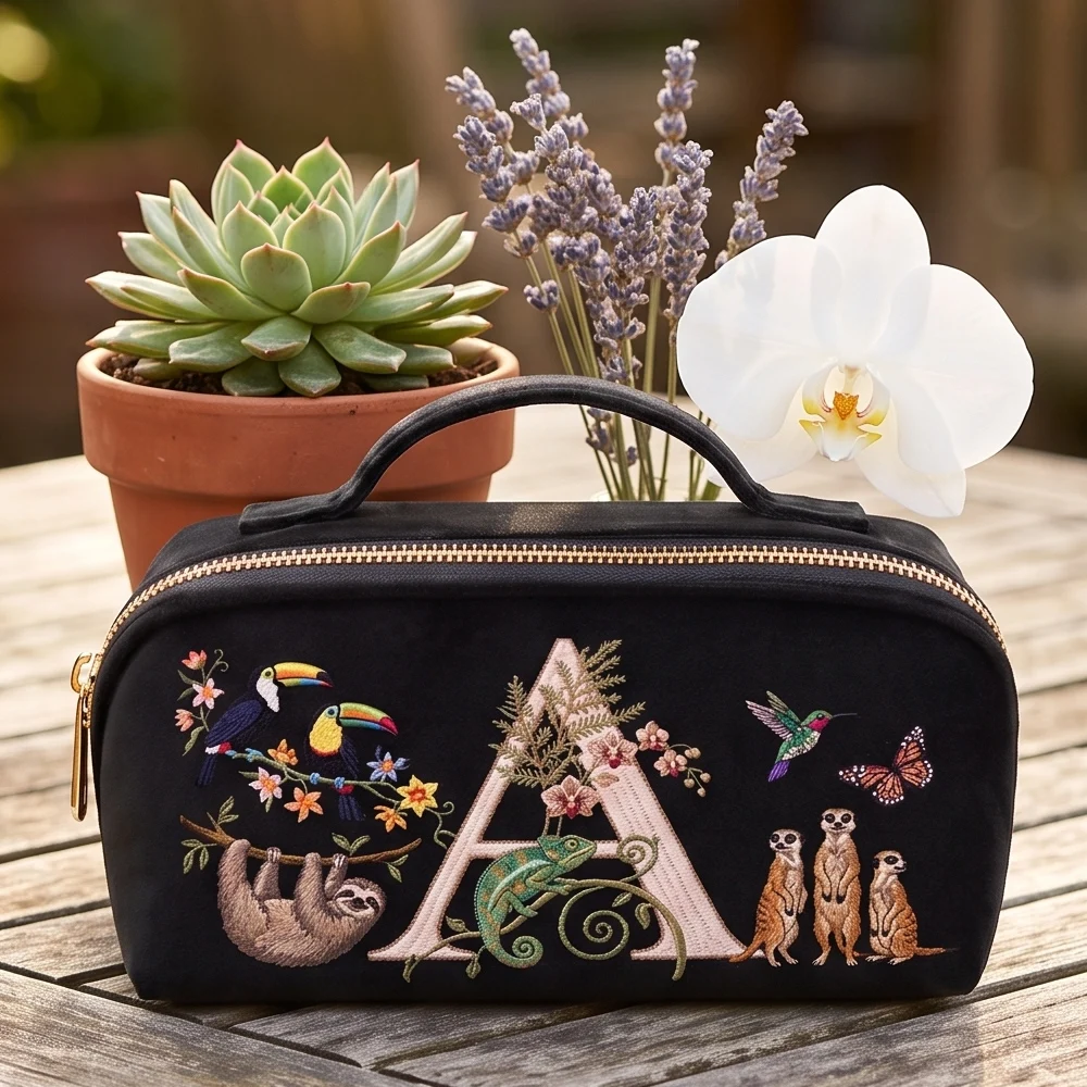 Samt-Kosmetiktasche für Damen, luxuriöser Make-up-Organizer, Kosmetik-Aufbewahrungsbeutel, Imitationsstickerei, Buchstabenmuster. – Detail 5