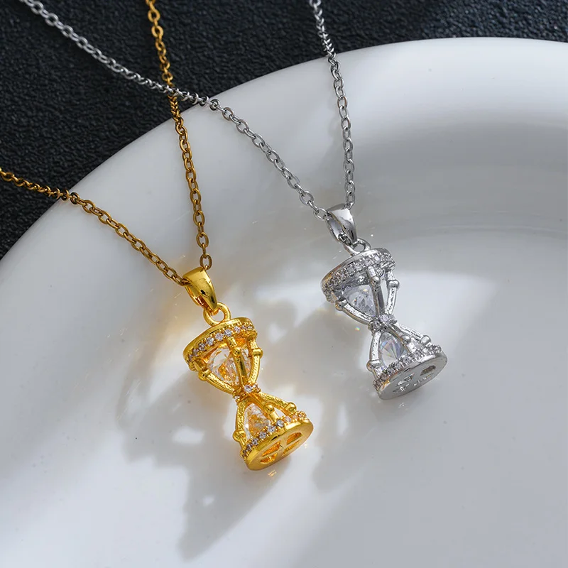 Stainless Steel CZ Hourglass Pendant NecklaceWomen Gold Silver Color Hypoallergenic FadeResistant Luxury Fashion Jewelry Gift
