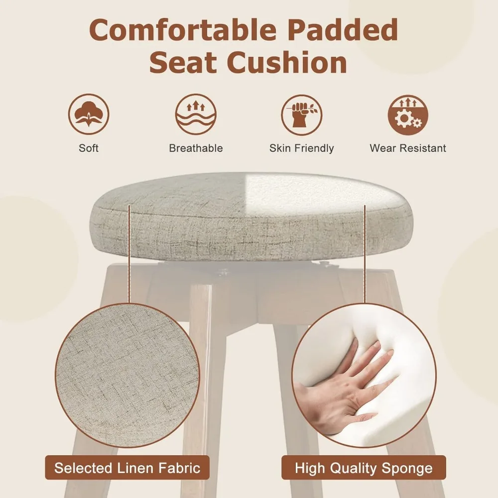 مقاعد بار دوارة، كراسي بار ذات ارتفاع عداد بدون ظهر مع أرجل خشبية مطاطية، مقعد من قماش الكتان، مسند للقدمين، مقاعد مضادة حديثة