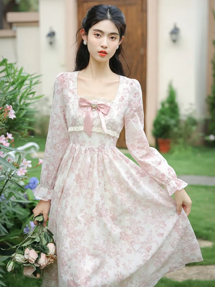 Sweet Pink Princess Dress Vintage Bow Petal Sleeve Floral Print Flattering Waist Romantic Lady Midi Dresses Robe Rose Vestidos