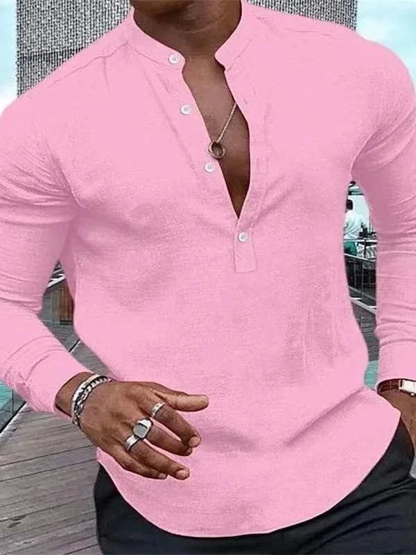 

Men's Fashion Shirt Henry Color Halfopen Button Stand Cleanfit PU Leather Short Sleeve Seven Points Outdoor Winter