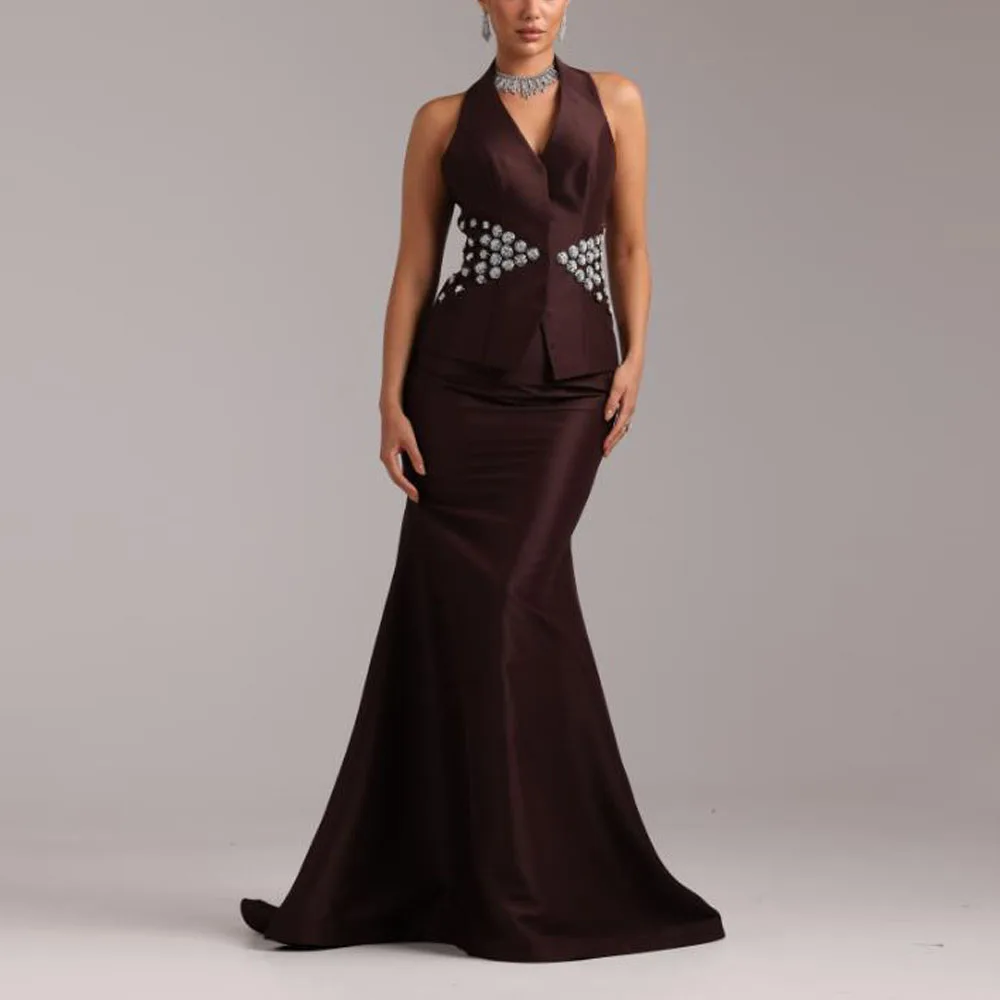 

Customized Halter Mermaid Evening Dresses Crystal Detail Satin Formal Gown Backless Long Wedding Guest Dress