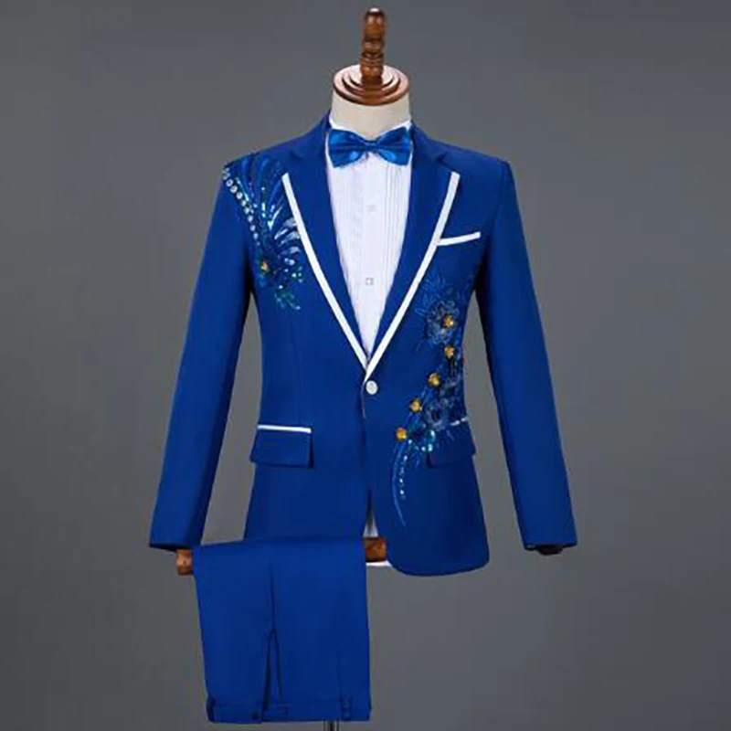 Abito da uomo con diamanti ricamati bianchi abiti da sposo da sposo abiti da uomo colletto da ballo Prom Stage Costume abiti da uomo con pantaloni