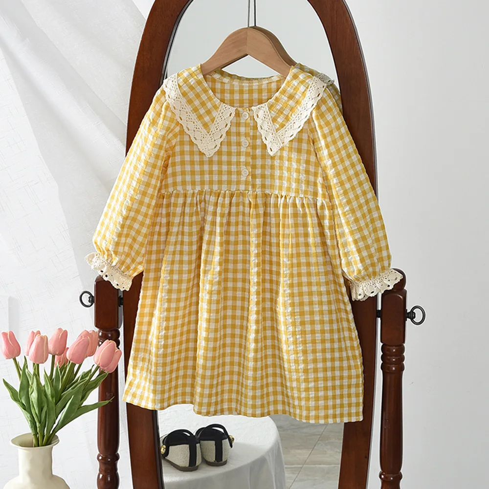 

Autumn Girls' Lace Lapel Long Sleeved Dress 2025 New Korean Sweet Children's Plaid Dress Summer Outfit