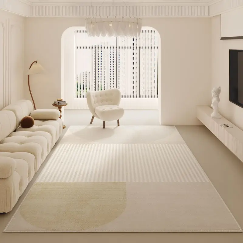 VIKAMA French Cream Striped Rug Machine Washable Living Room Carpet Neutral Toned Bedroom Decorative Rug Cozy Home Decor
