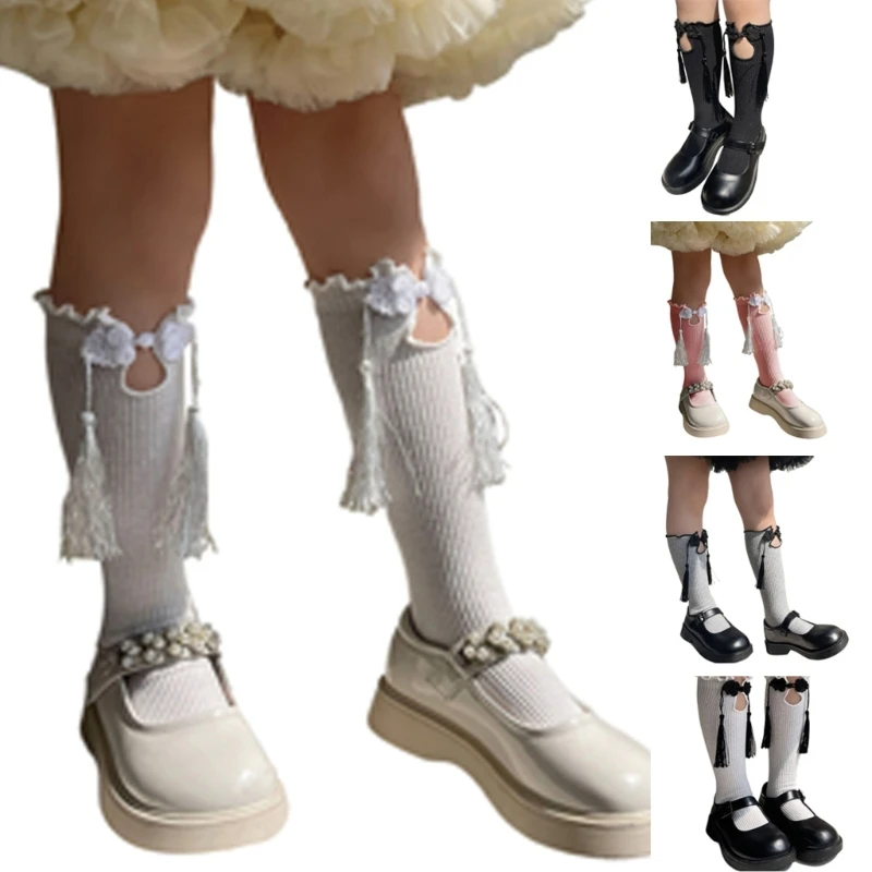 

Chinese Knee High Socks Little Girl Fringed Trim Socks Breathable Thin Socks