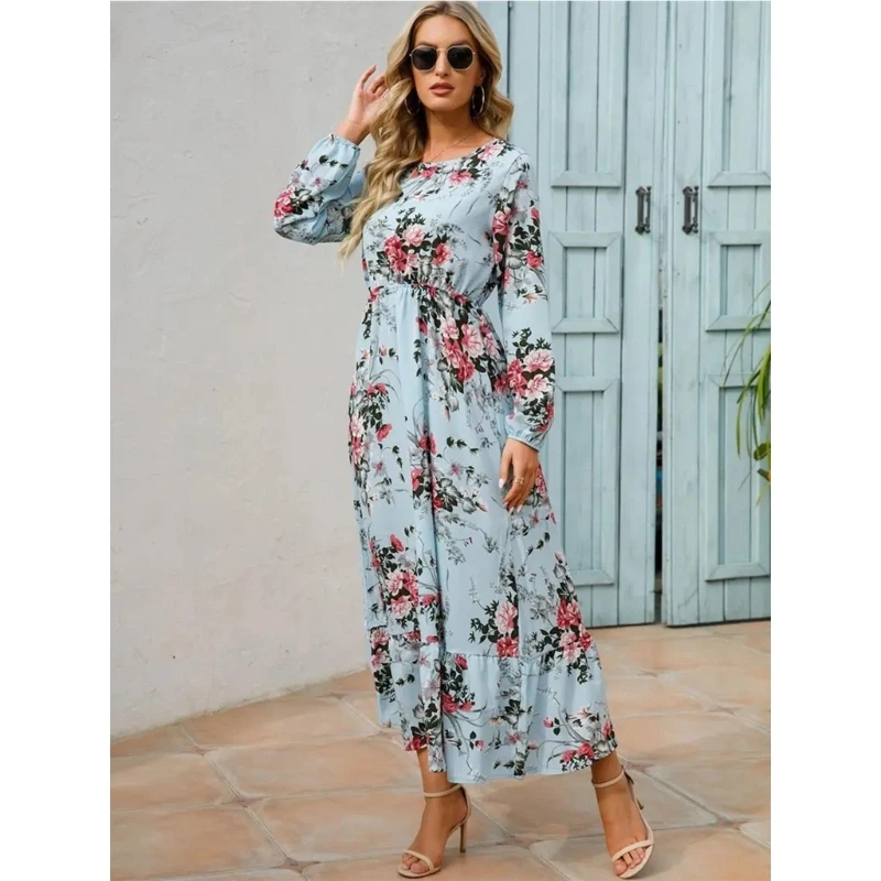 

Womens Casual Long Sleeve Dresses High Waist Ankle Length Dress Elegant neck Floral Print Dress for Holiday Dropshipping