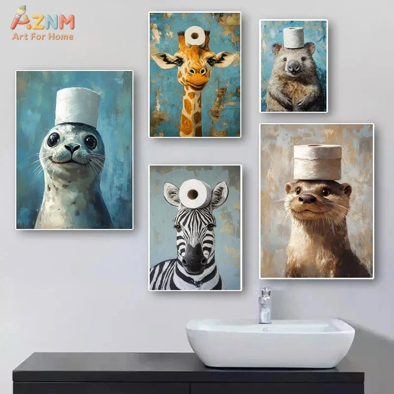 AZNM Funny Animal Toilet Paper Canvas Wall Art, Cute Panda Cat Fox Raccoon Alpaca Monkey With Tissue Roll Oil Painting Style Ill
