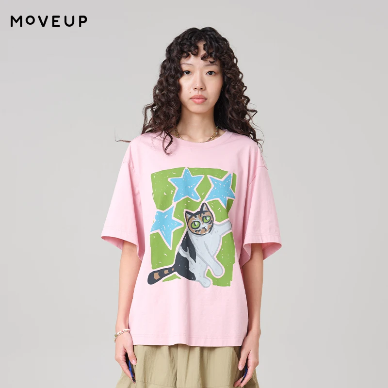 MOVEUP Casual Short Sleeved Round Neck T-Shirt 2026 Summer New Contrasting Cartoon Cat Print Commuting Top For Women 3ELX10592
