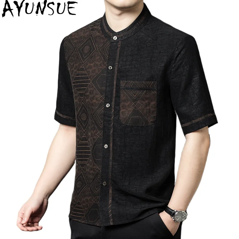 

AYUNSUE High Quality 100% Real Mulberry Silk Shirts Men Cracked Watered Gauze Shirt Fashion Short Sleeve Shirts Man Summer Top