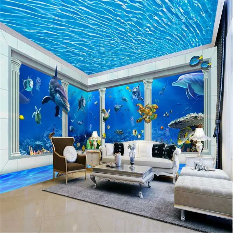 custom Wallpaper Dolphin Roman Pillar Ripples Background Modern Art Mural wallpapers for Living Room Large Painting Home Decor