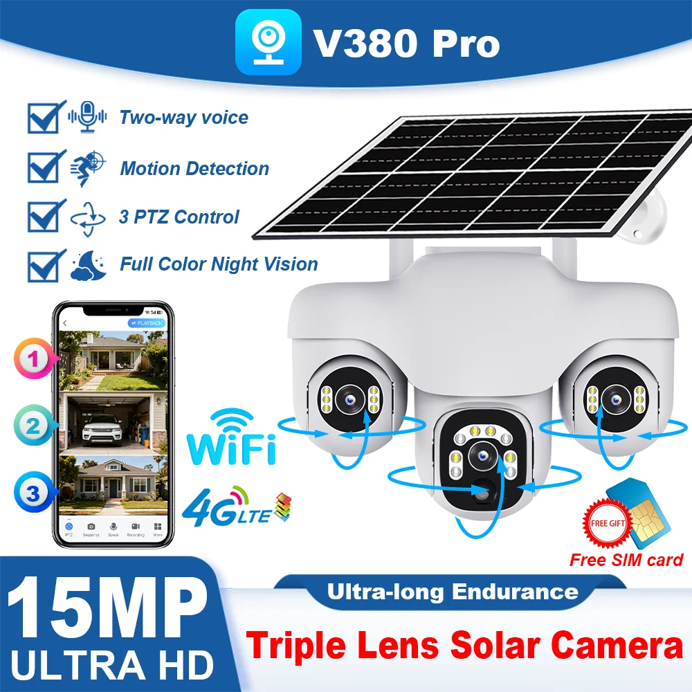 

4G Солнечная беспроводная уличная камера видеонаблюдения 15 МП с тройным объективом, водонепроницаемая, с датчиком движения RIP, встроенным аккумулятором