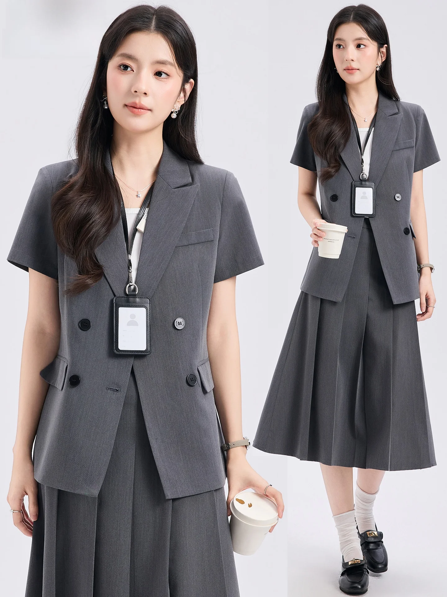 

Gray Short Sleeve Suit Set for Women Summer Thin High-End Interview Formal Commute Professional Outerwear Polyester Fiber