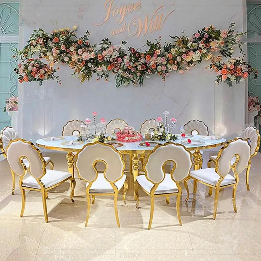 

Wholesale Luxury Round Back PU Leather Wedding Dining Chair Stainless Steel Gold Wedding Hotel Chair for Event Party
