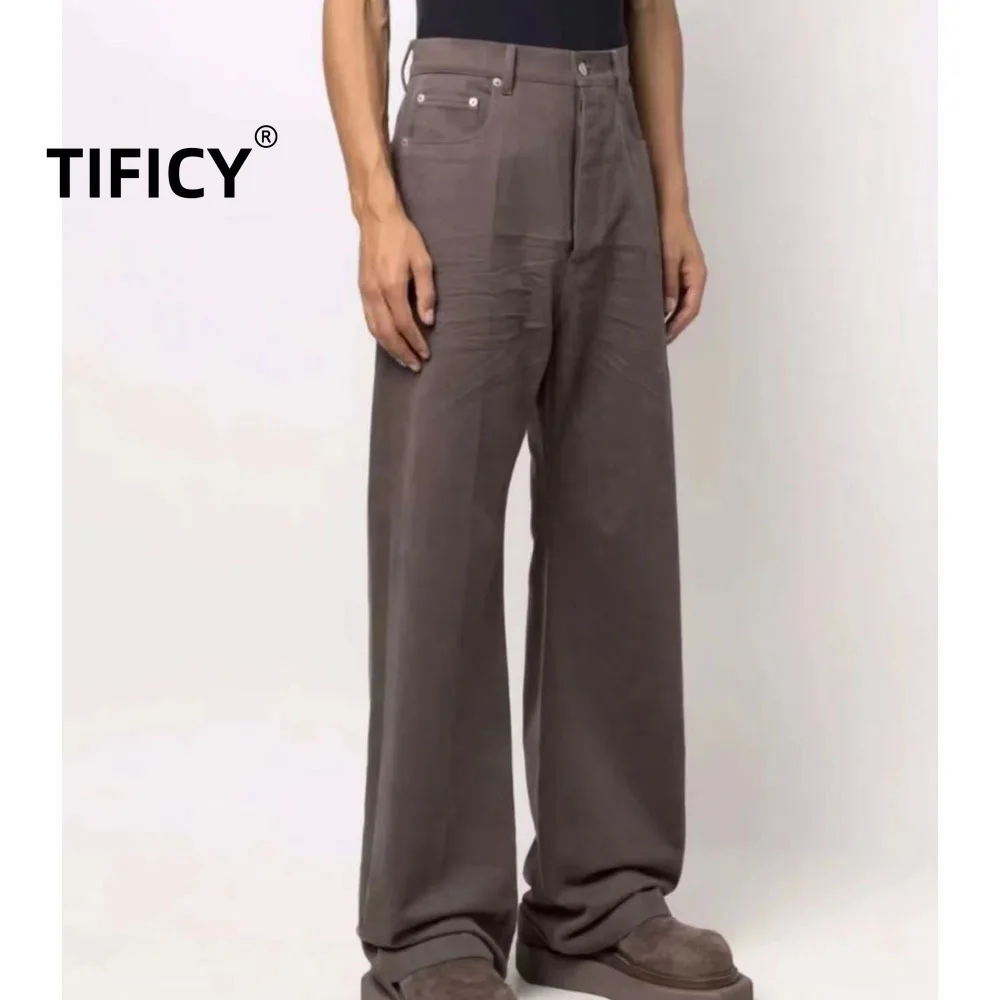 

High Street Jean Pants Men's RO Style Brown Washed Brushed Straight Leg Slightly Flared Fashion Casual Denim Pants