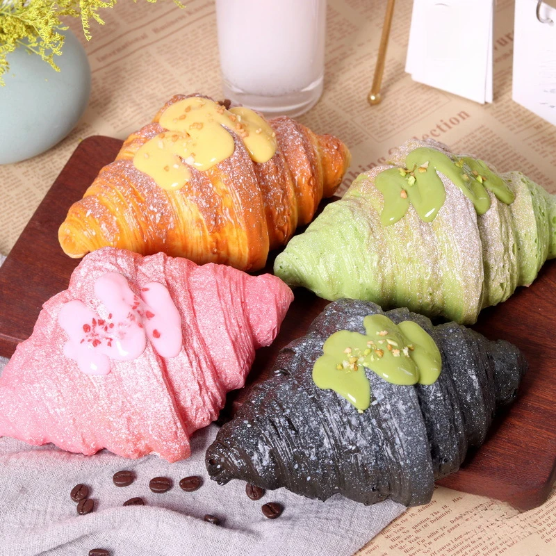 Kawaii Colorful Croissant Squishy Slow Rising Squeeze Toy, Simulated Bread Fidget Toy Soft Stress Relief Toy Gift for Kids Adult