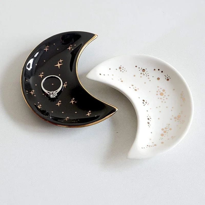 

Nordic Ceramic Moon Shape Small Jewelry Dish Earrings Necklace Ring Storage Plates Fruit Dessert Display Bowl Decoration Tray