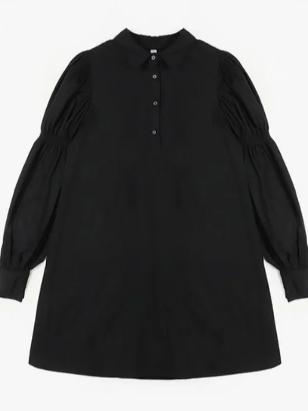 Chic Simple Elegance Turn-down Collar Single Button Loose Casual Lazy Sle Bubble Sve irt Dr Women Summer Faion