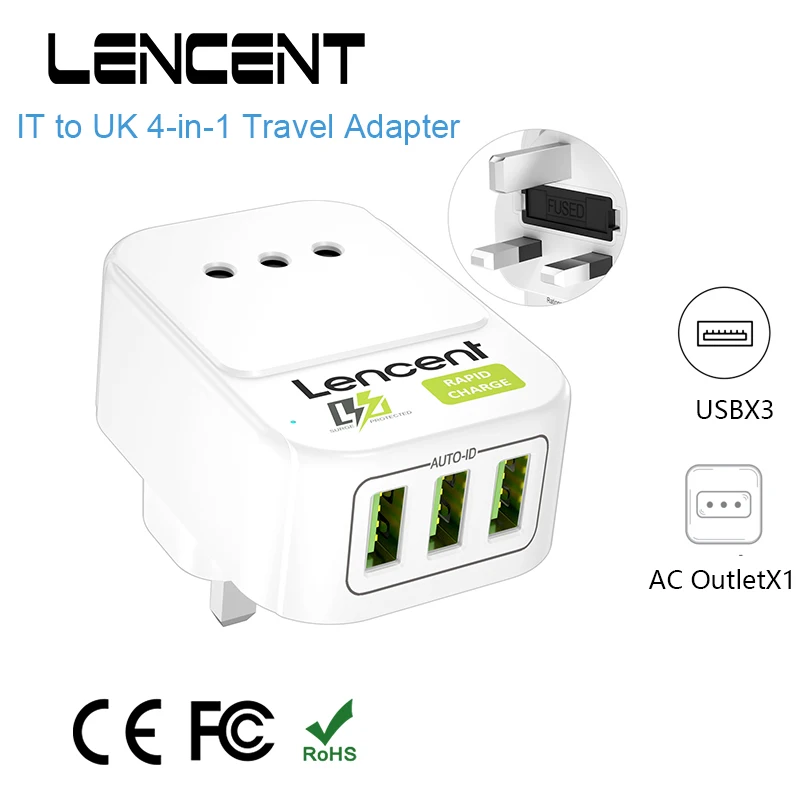 LENCENT IT to UK Travel Adapter  Socket Power  with 1 AC Outlets + 3 USB Charger Adapter Overload Protection 4-in-1 Plug Socket