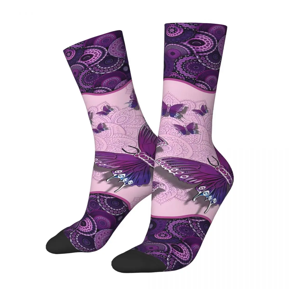 Happy Men's Socks Purple Butterfly Vintage Harajuku Vintage Mandala Hip Hop Casual Pattern Crew Crazy Sock Gift Printed