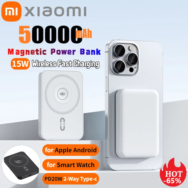 

Xiaomi 15 Вт Магнитный внешний аккумулятор 50000 мАч Внешняя батарея Беспроводное быстрое зарядное устройство Тонкий портативный внешний аккумулятор для iPhone Samsung часы