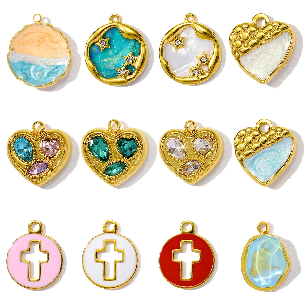 3Pcs/Lot Stainless Steel Heart Cross Charms Enamel Pendants For DIY Making Bracelet Necklace Earring Accessories Wholesale