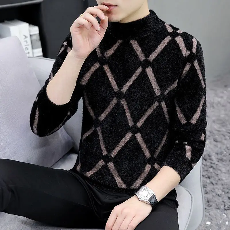 Autumn Winter New Men Sweater Mock Neck Patchwork Contrast Color Youth Trend Fashion Warm Pullovers Long Sleeve Knitted Tops