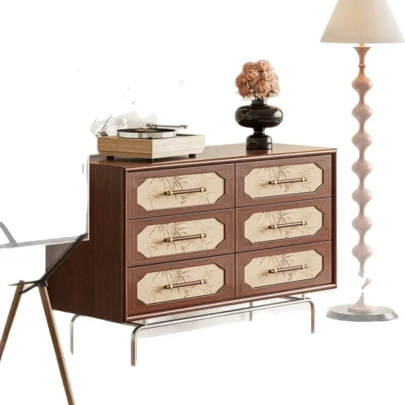 Rustic Solid Wood Barrel Cabinet with Bamboo Leaf Motif Removable Storage Locker for Living Room Bedroom Art Decor