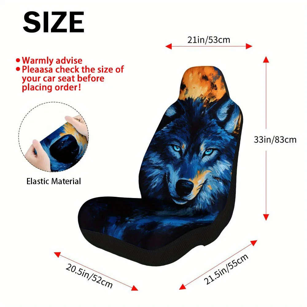 2pcs Fiery Wolf Portrait Print Seat Covers – Fit For Cars, Trucks, Vans, And SUVs | Durable Front Seat Protectors | Easy To I