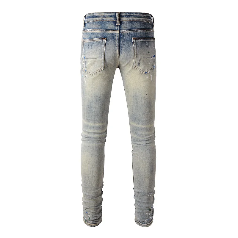 Men's High Quality Street Light Blue Distressed Skinny Stretch Destroyed Holes Ribs Patchwork Ripped Graffiti Jeans