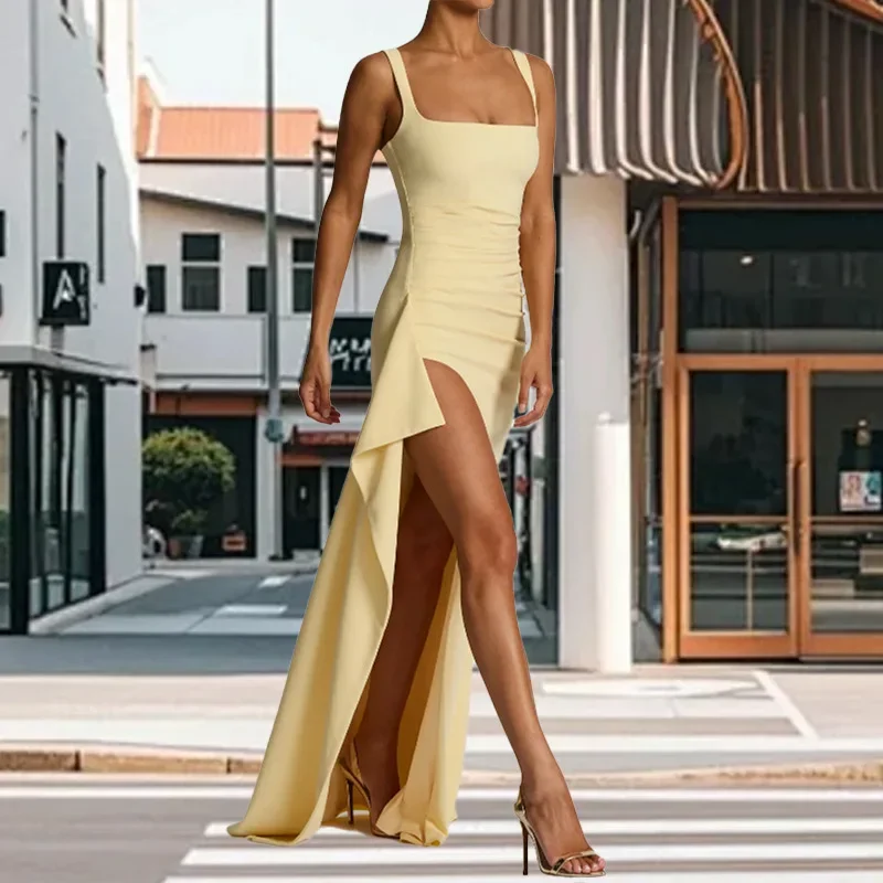 

2025 New Light Yellow Strapless Waist Tying Irregular Slit Long Dress Women Sexy Fashion Temperament Gown