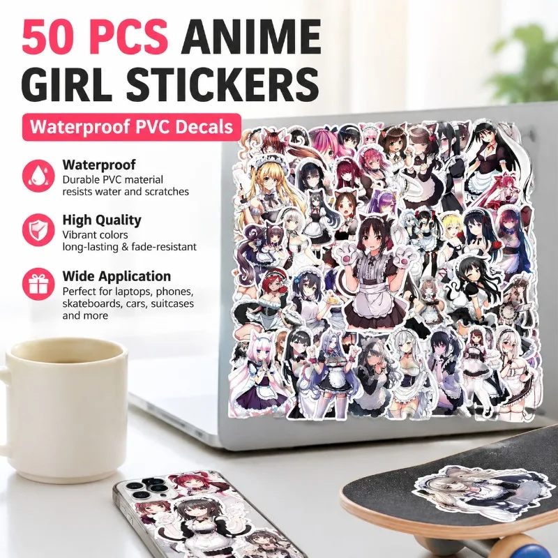 50Pcs Anime Maid Sticker Pack Japanese Sexy Lady Decals Fashion Cartoon Decorative Stickers for Phone Case Laptop Water Bottle