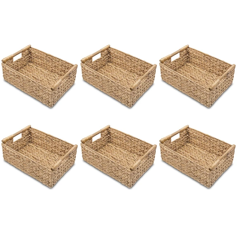 

6X Small Wicker Baskets For Organizing Bathroom, Hyacinth Baskets For Storage, Wicker Storage Basket With Wooden Handle