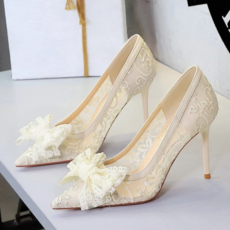BIGTREE Shoes Women 9.5 Cm Heels Lace Mesh Women Pumps Bowknot High Heels Stiletto Sexy Party Shoes Fashion Lady Wedding Shoes view 2