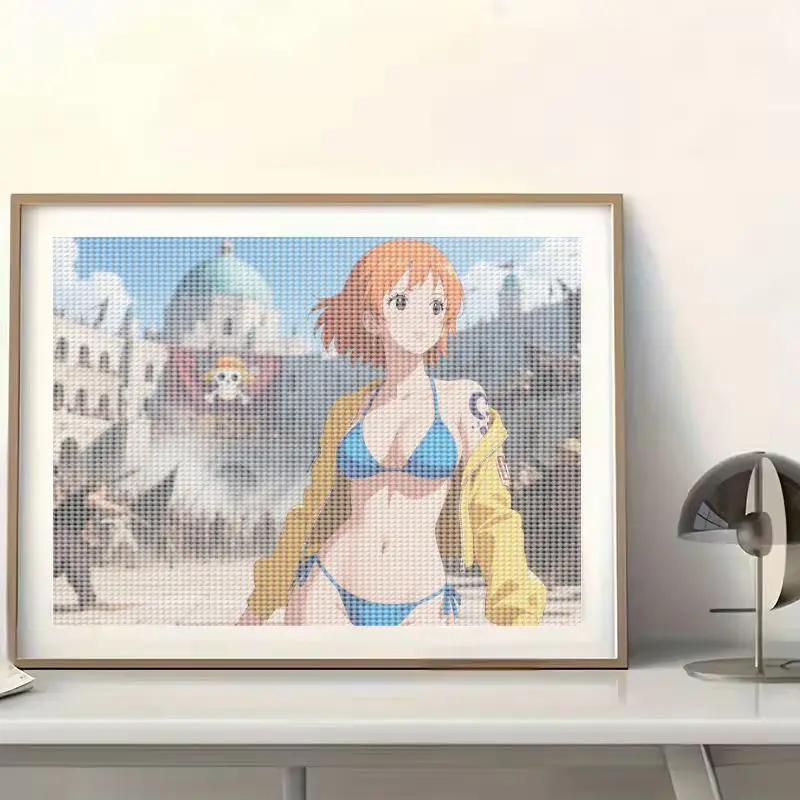 1PC 5D Full Drill One Piece Nami Diamond Painting Kit, DIY Anime Waifu Character Art, Sexy Bikini & Yellow Jacket Design in Pira