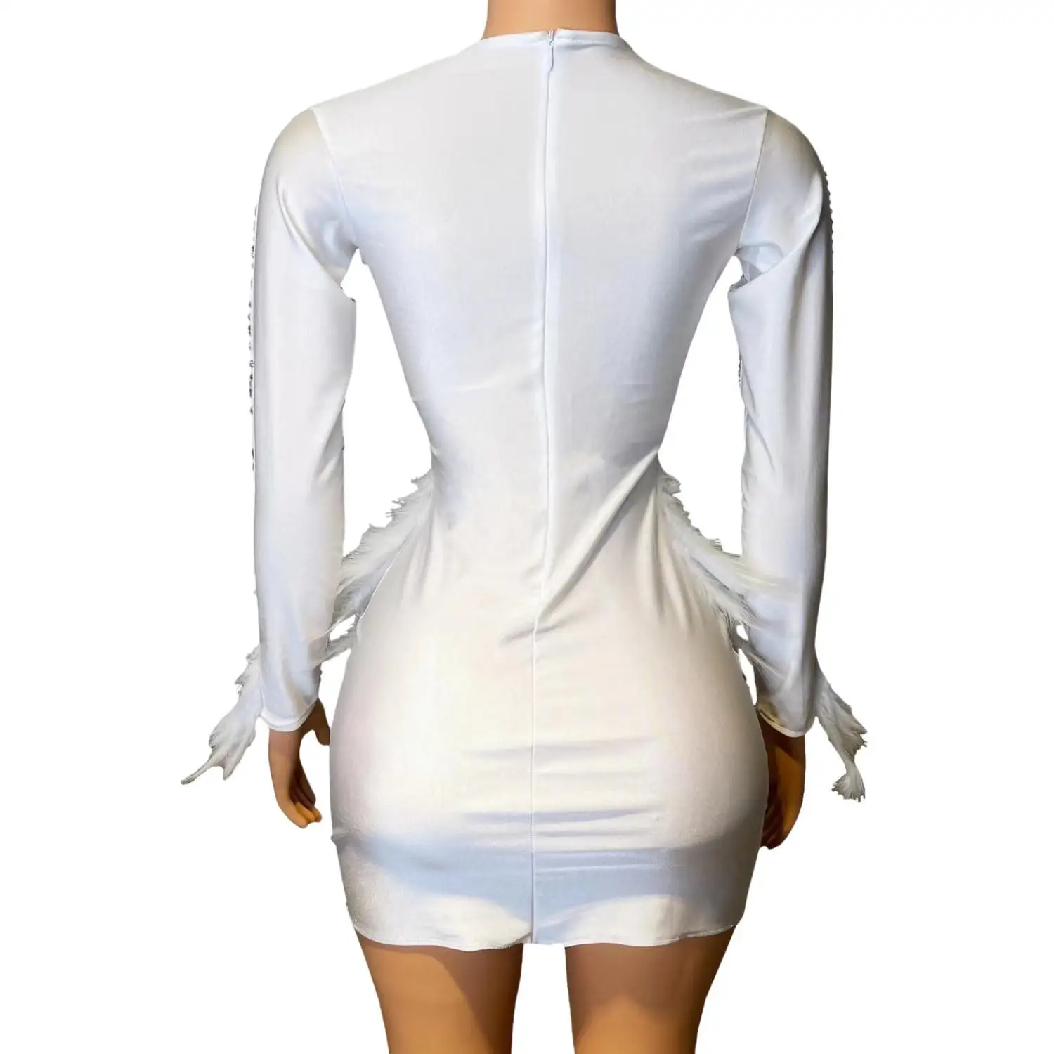 Huolieniao Sparkling Silver Rhinestone See Through Mesh V Neck Mini Dress White Feather Cuff  Waist Trim Bodycon Evening Dress