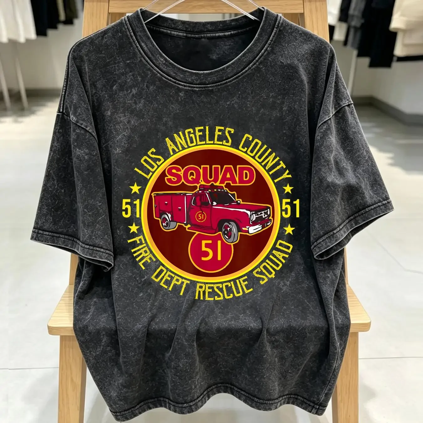 washed T Shirt Truck Side 51 Emergency Squad Logo Essential vintage Washed graphic Top For Everyday Wear Versatile Comfortable