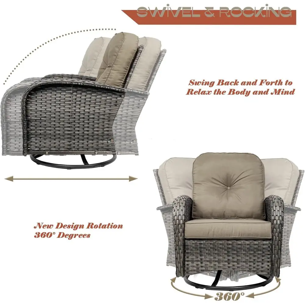 2-Piece Swivel Wicker Patio Chair Set with 360° Rotation and Glass Top Table, Khaki