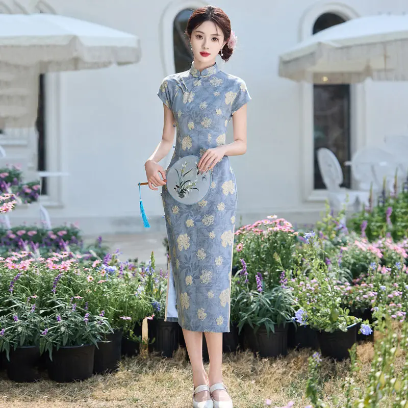 

Китайское летнее платье-ципао с коротким рукавом, цветочным принтом, удлиненное, для молодых женщин, в стиле ретро, приталенное, с эффектом похудения