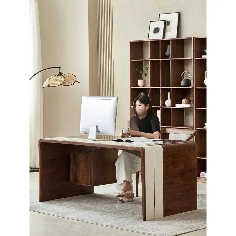 

QQ North American black walnut solid wood desk saddle leather personalized study computer desk