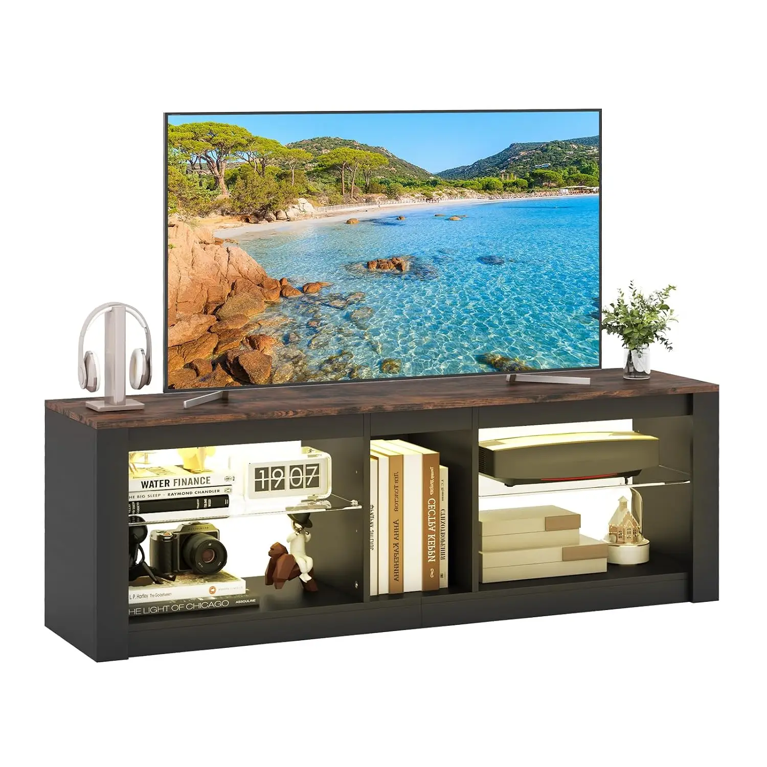 LED TV Stand for 65 Inch TVs, 140cm Media Entertainment Center TV Unit with RGB LED Lights and Adjustable Glass, Customized