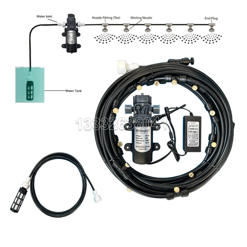 Misting Cooling System With Pump Filter Kit 20FT-60FT Mister Line Brass Nozzle 5L/Min For Outdooor Patio Porch Backyard