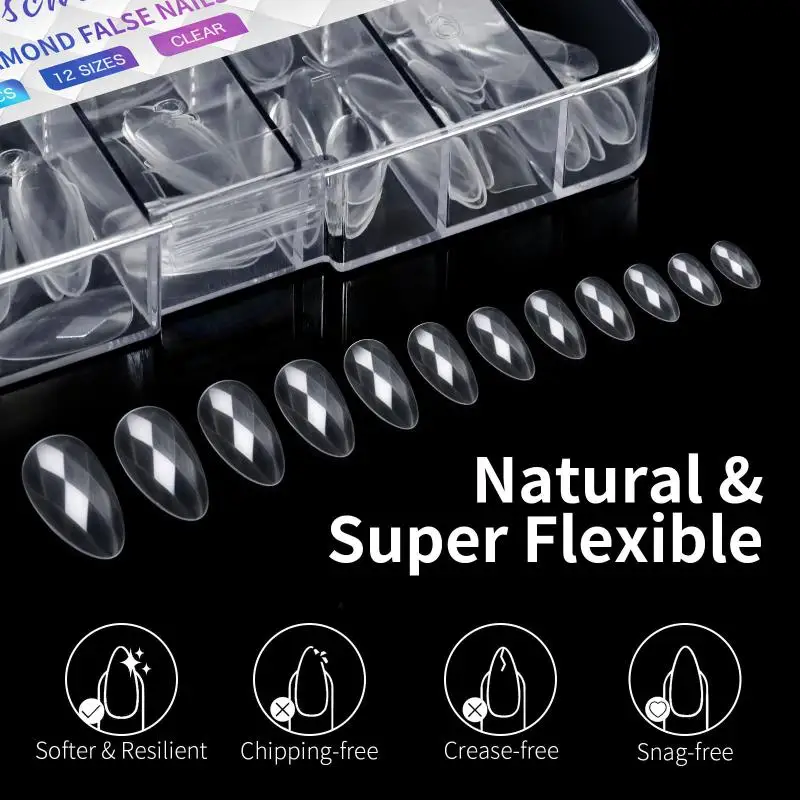 120/140pcs/Box Square Almond Coffin Nail Extension Tips Natural Clear Full Cover Nails Dual Form 3D Diamond Soft Gel Nail Tips