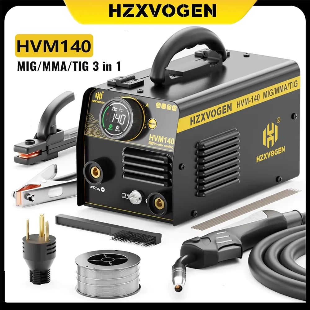 HZXVOGEN Saldatrice semiautomatica 3 in 1 HVM140 MMA/MIG senza gas/Lift TIG IGBT Saldatore inverter Strumento di sinergia Saldatore non a gas