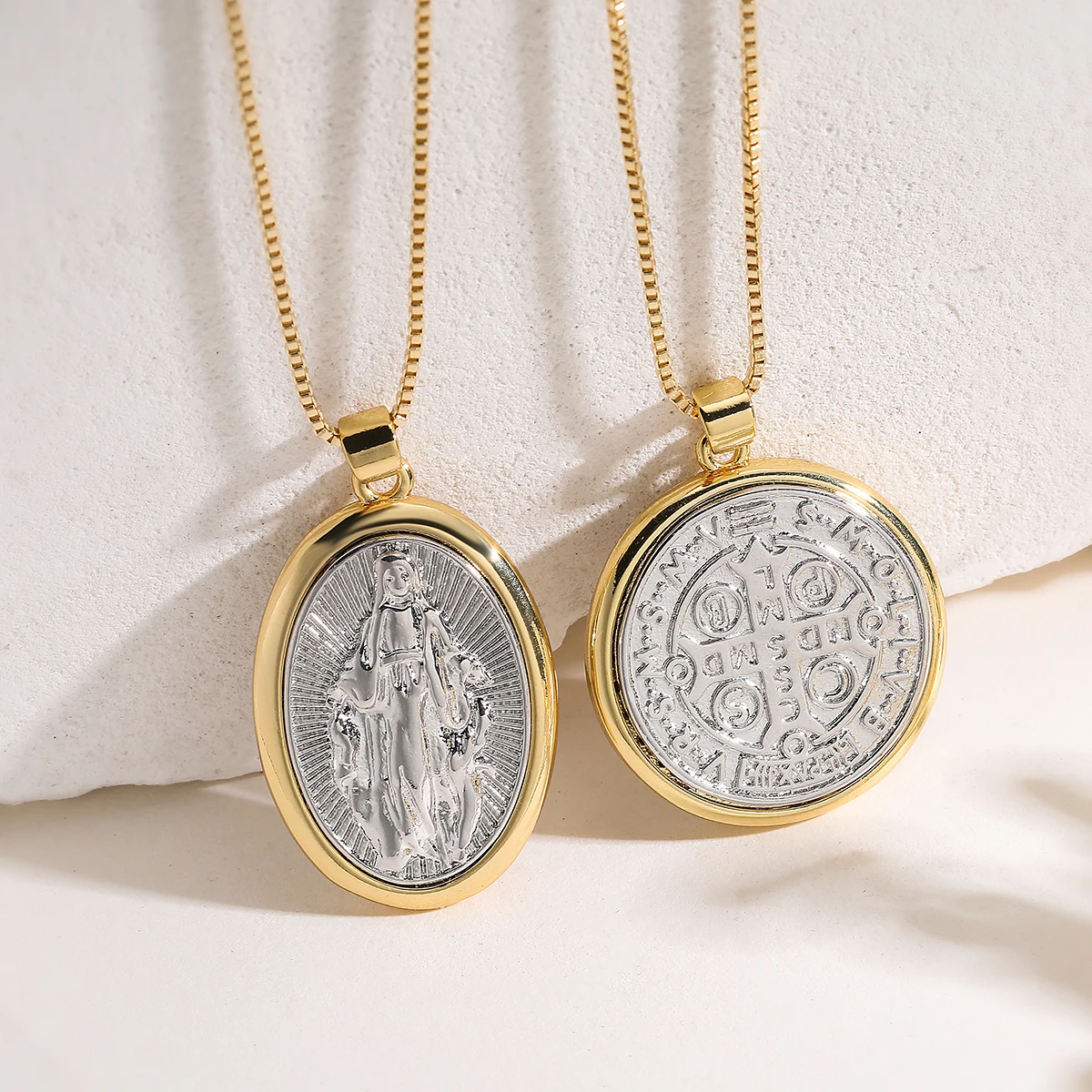 Double Sided Virgin Mary Reversible Necklace Gold Silver Plated Brass Catholic Religious Pendant Adjustable Chain Unisex Religio
