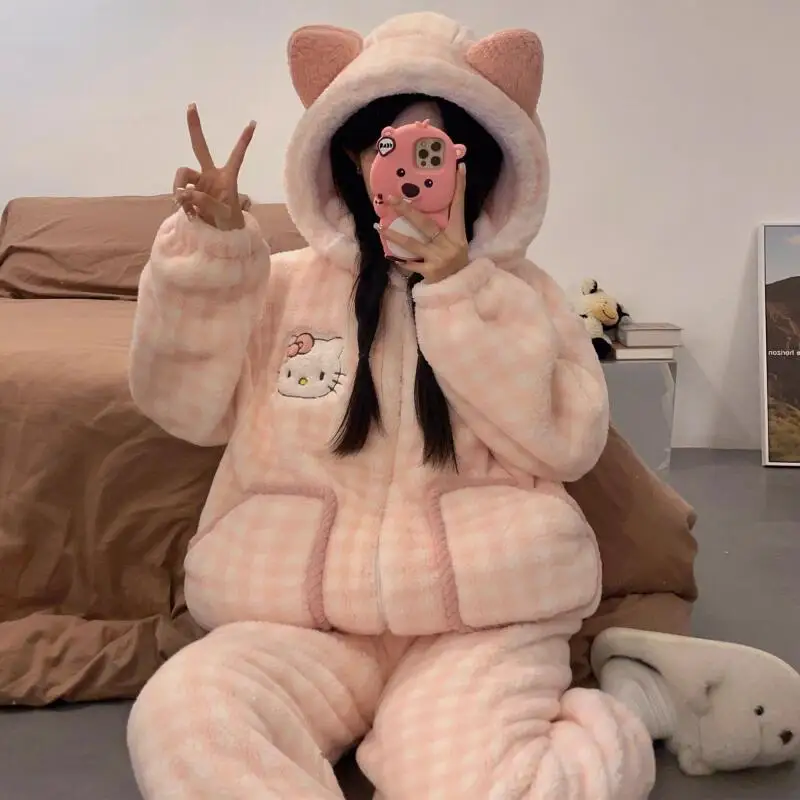 Kitty Cartoon Neue Korallen Samt Pyjamas Roben Winter Samt Verdickt Flanell Mittlere Länge Mit Kapuze Schlafen Kleid Set Hause Kleidung