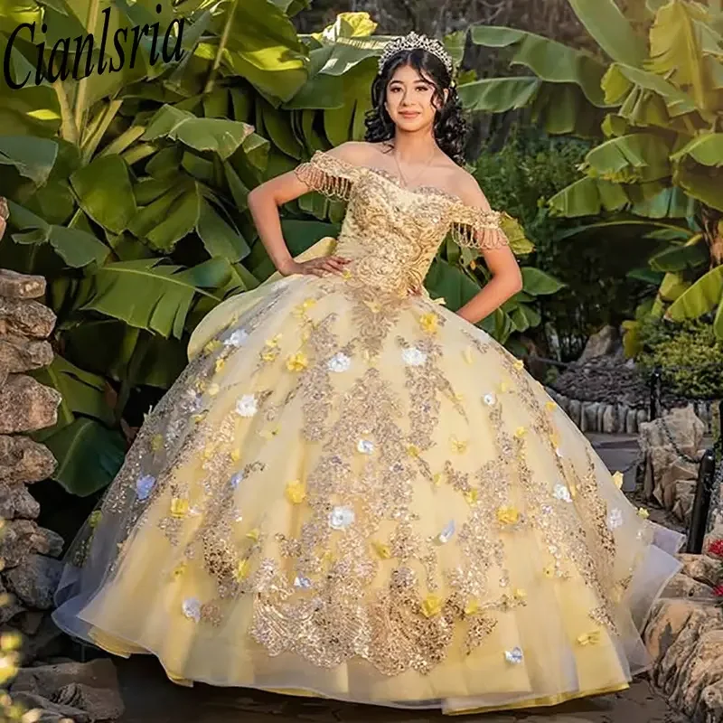 

Yellow Beading Tassel Ruffles Bow Quinceanera Dresses Ball Gown 3D Flowers Sequined Appliques Sweet 15 Años Mexican Customized